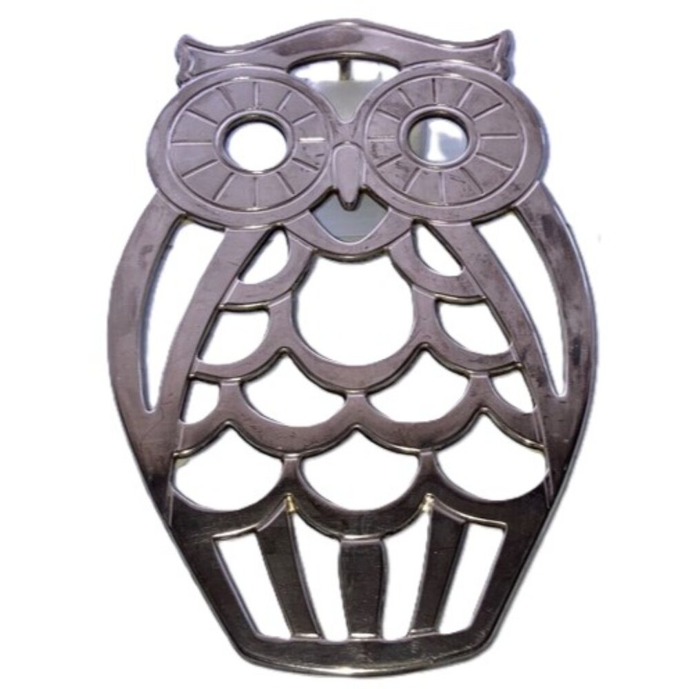 Vintage 1960s Silver Owl Trivet Mid-Century Kitchen Decor by LEONARD 10 x 6.5 in